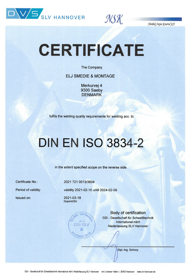 Svejsecertifikat for E.L.J. Smedie & Montage efter DIN EN ISO 3834-2